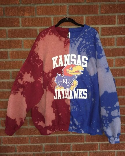 Handmade University of Kansas Jayhawks Crimson Royal Blue Bleached Half and Half Crew Neck Sweatshirt