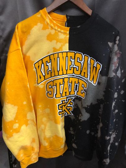 Handmade Kennesaw State Gold and Black Bleached Half and Half Crew Neck Sweatshirt
