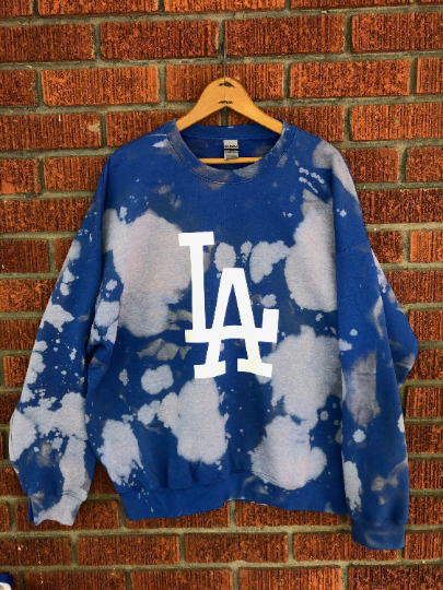 Handmade Los Angeles LA Dodgers Royal Blue or Navy  Hand Bleached Unisex Crewneck Sweatshirt