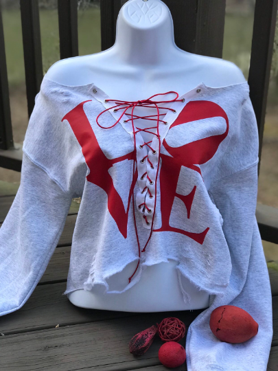 Handmade LOVE Red Ash Grey Lace Up Sweatshirt Lightly Distressed