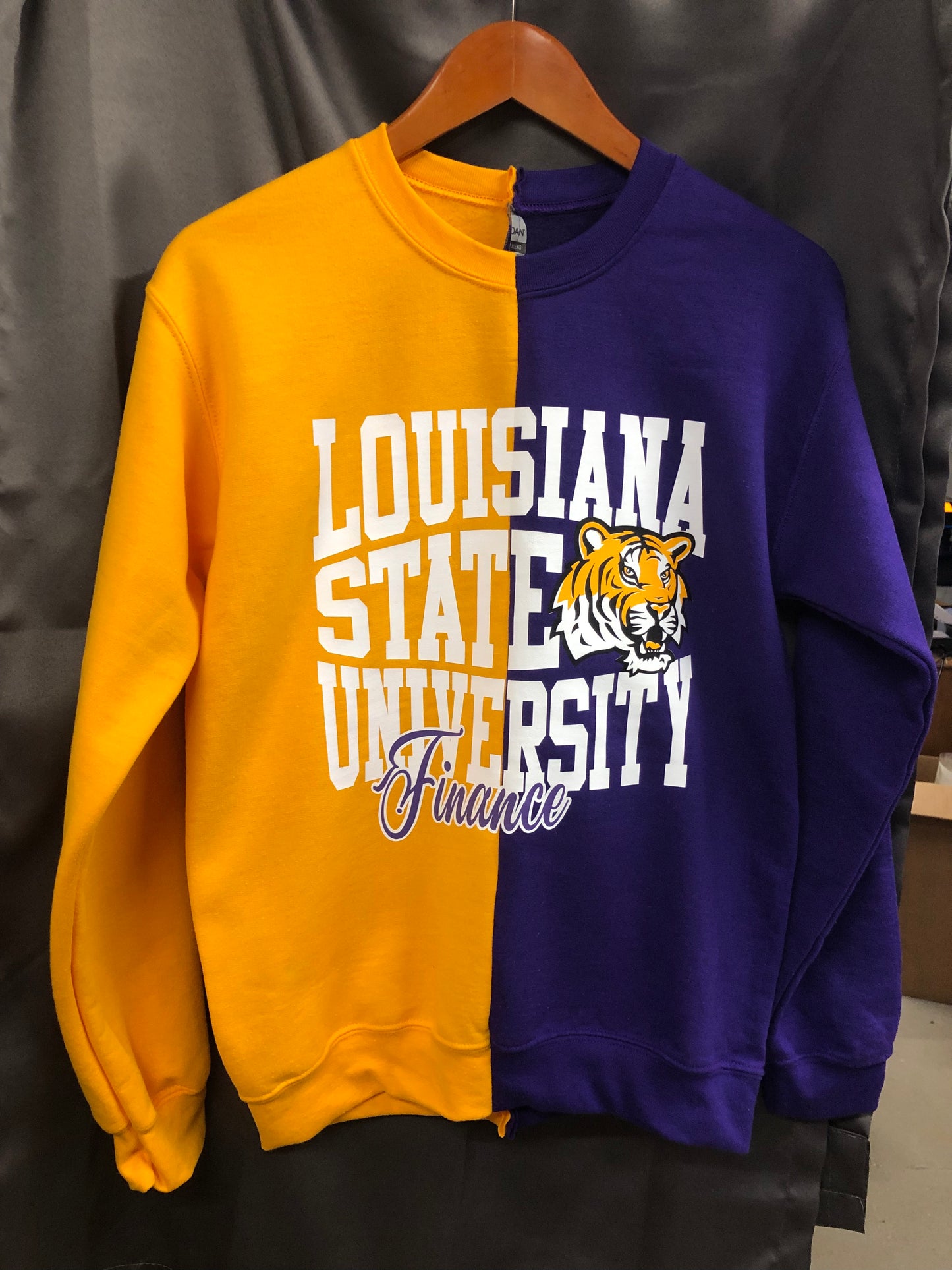 Handmade Louisiana State University Finance Half and Half Purple Gold Sweatshirt