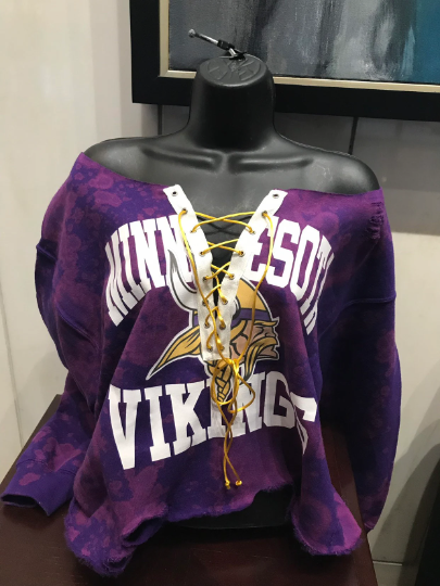 Handmade Minnesota Vikings Purple Gold Lace Up Distressed Crop Off Shoulder Sweatshirt