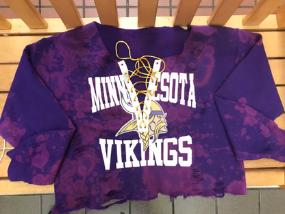 Handmade Minnesota Vikings Purple Gold Lace Up Distressed Crop Off Shoulder Sweatshirt