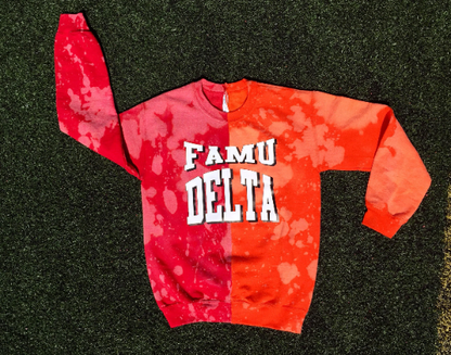 Miss Kyra D. Handmade FAMU Delta Beta Alpha 13 Hand Bleached Orange/Red Half&Half Crew Sweatshirt