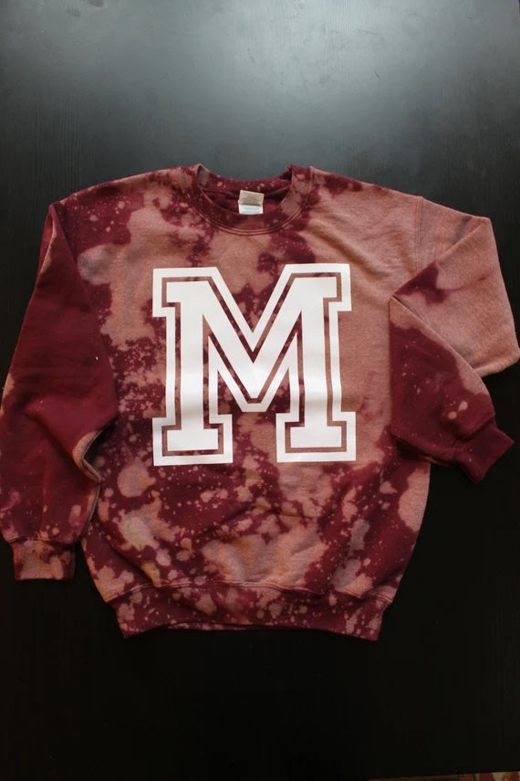 Maroon and White Morehouse "M" Crew Neck Unisex Hand Bleached Light Distress Sweatshirt