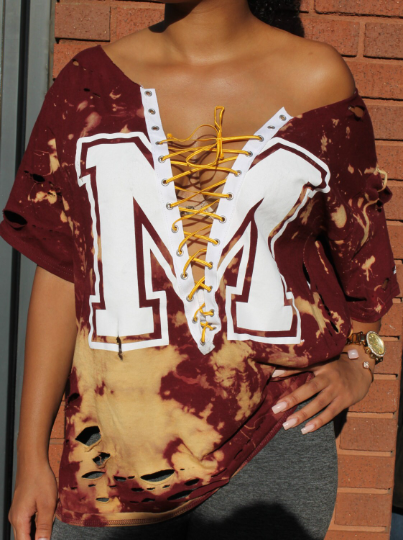 Handmade Solid White "M" Gold Lace Up Maroon Off-Shoulder Distressed Boyfriend Tee