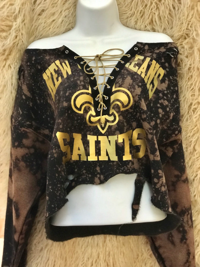 Handmade New Orleans Saints Black Gold Hand Bleached Lace Up Sweatshirt