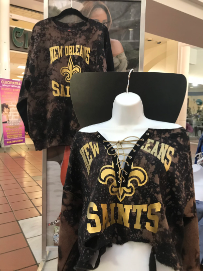 Handmade New Orleans Saints Black Gold Hand Bleached Lace Up Sweatshirt