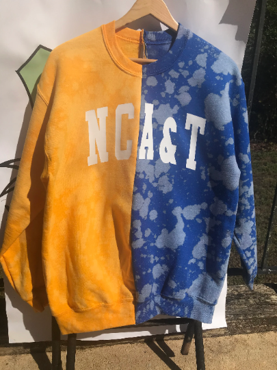 Handmade NCAT NC A&T Gold Royal or Navy Blue Hand Bleached Half and Half Crew Neck Unisex Sweatshirt