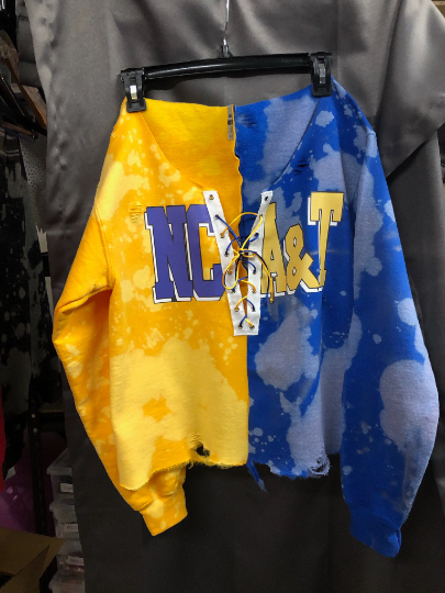 Handmade NCAT NCA&T Half and Half Lace-Up Hand Bleached Crop or Full Length Sweatshirt