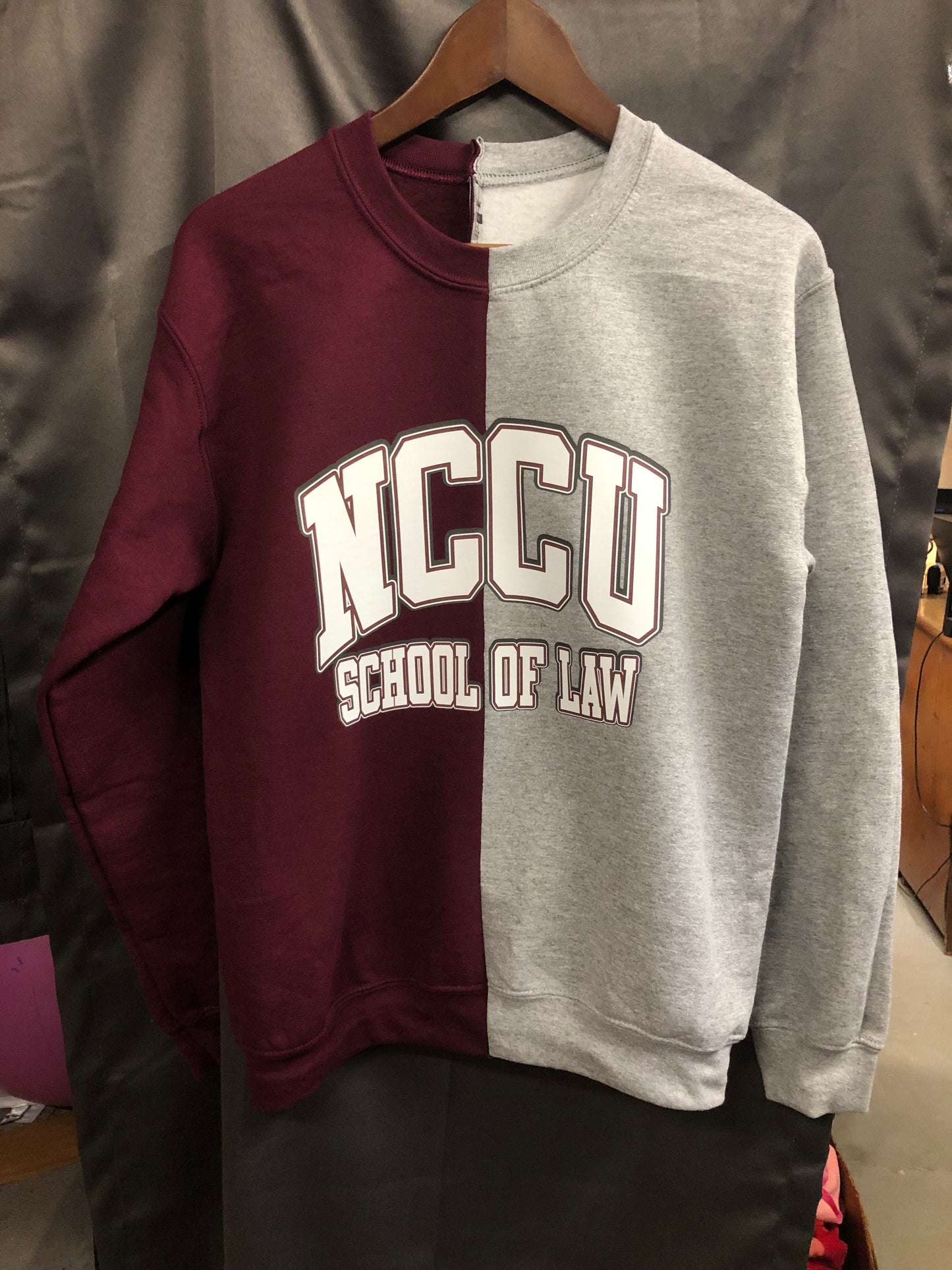 Handmade NCCU School of Law Maroon and Gray Half and Half Crew Neck Sweatshirt