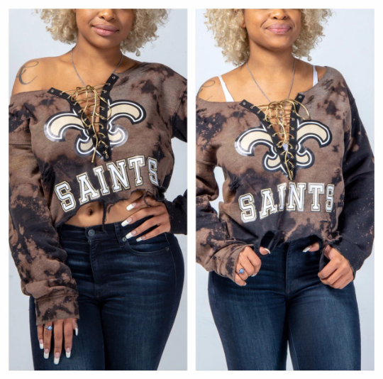 Cami Co. Lace Designs Handmade New Orleans Saints Black Hand Bleached Flower Saints White Tan Black Design Lace Up Sweatshirt 2x / Full Length