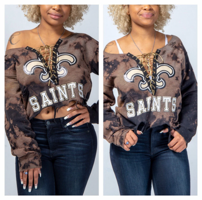 Handmade New Orleans Saints Black Hand Bleached "Flower Saints" White Tan Black Design Lace Up Sweatshirt