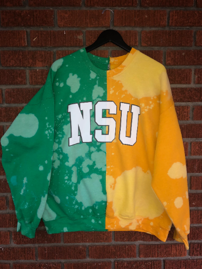 Handmade Norfolk State University NSU Green Gold Bleached Half and Half Unisex Crew Sweatshirt
