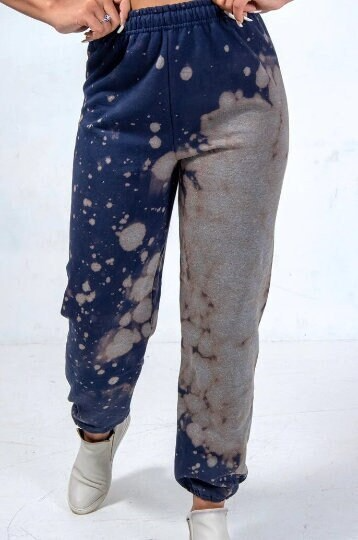Handmade Drawstring Cuffed Bleached Classic Style Sweat Pants - Navy Blue