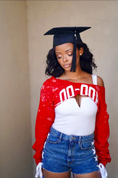 Handmade DST Oo Oop Red White Off Shoulder Distressed Sweater