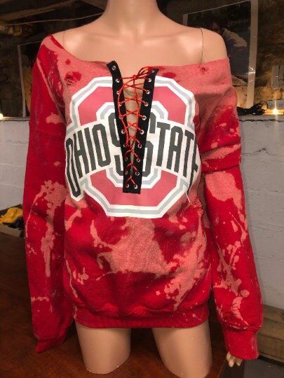 Handmade Ohio State University Black Hand Bleached Red Lace Up Distressed Sweatshirt