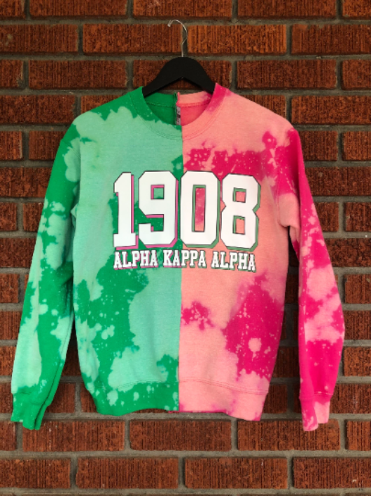 AKA 1908 Pink and Green Bleached Half and Half Fleece Sweatshirt
