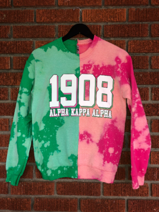 AKA 1908 Pink and Green Bleached Half and Half Fleece Sweatshirt