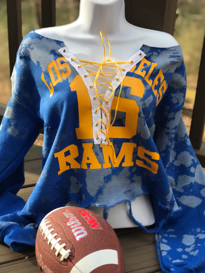 Handmade Los Angeles 16 Rams Royal Blue Bleached Yellow Gold Distressed Lace Up Sweatshirt