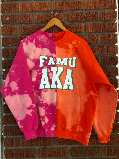 Rashan Ali Handmade FAMU AKA Beta Alpha 08 Hand Bleached Orange/Pink Half&Half Crew Sweatshirt