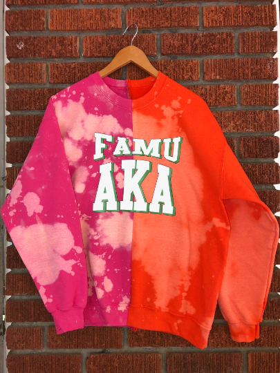 Rashan Ali Handmade FAMU AKA Beta Alpha 08 Hand Bleached Orange/Pink Half&Half Crew Sweatshirt