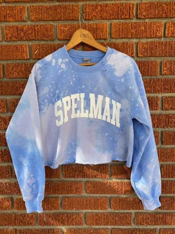 Handmade Spelman College Baby Blue Hand Bleached Off Shoulder Super Crop Distressed Sweatshirt
