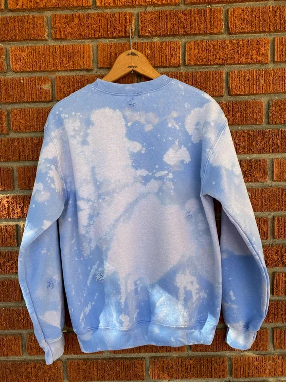 Handmade Spelman College Baby Blue Hand Bleached Off Shoulder Super Crop Distressed Sweatshirt