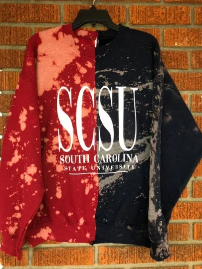 Handmade South Carolina State University Garnet Navy or Garnet Grey Hand Bleached Unisex Half and Half Crew Sweatshirt