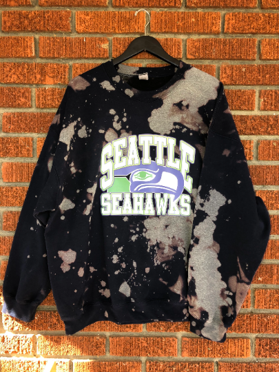 Handmade Seattle Seahawks Navy Bleached Crew Sweatshirt