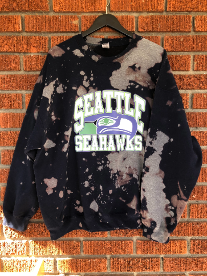 Handmade Seattle Seahawks Navy Bleached Crew Sweatshirt