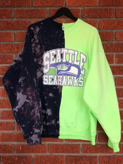 Handmade Seattle Seahawks Navy Bleached Crew Sweatshirt 2x