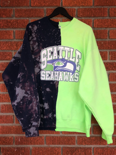 Handmade Seattle Seahawks Bleached Navy Lime Half and Half Crewneck Sweatshirt