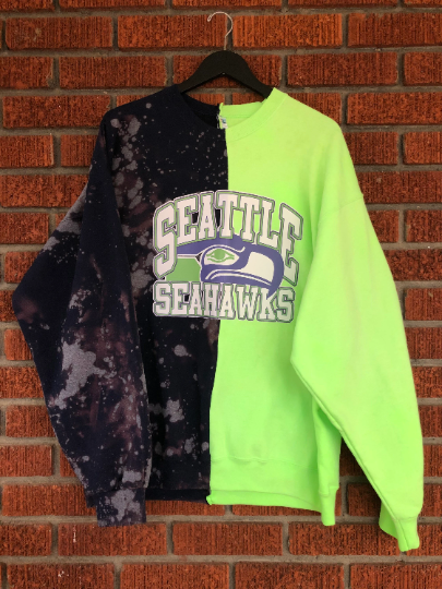 Handmade Seattle Seahawks Bleached Navy Lime Half and Half Crewneck Sweatshirt