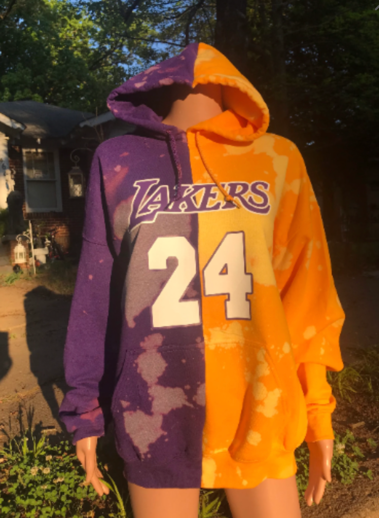 Handmade Los Angeles Lakers 24 Bleached Half and Half Purple Yellow Hooded Sweatshirt with Pockets