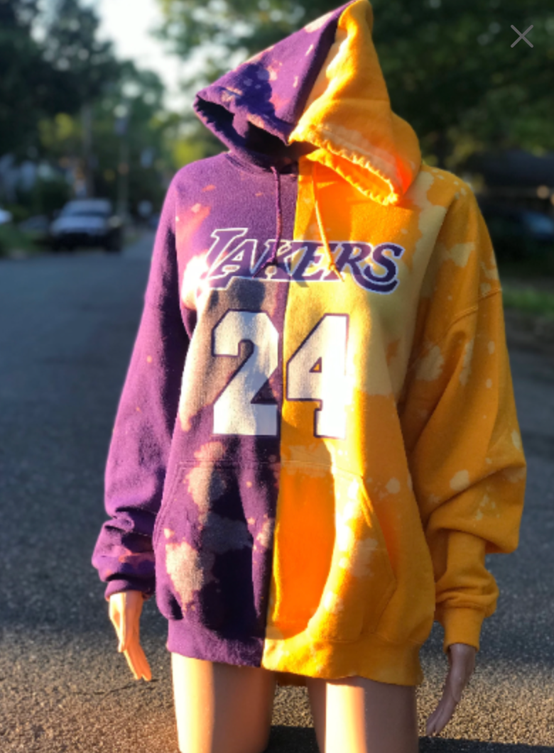 Handmade Los Angeles Lakers 24 Bleached Half and Half Purple Yellow Hooded  Sweatshirt with Pockets