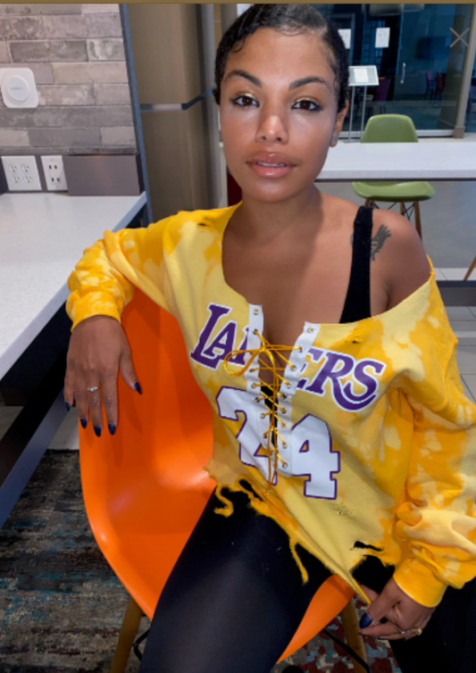 Handmade Los Angeles Lakers 24 Yellow Purple White Lace Up Distressed Sweatshirt
