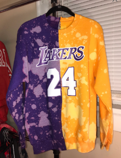 Handmade Los Angeles Lakers 24 Bleached Half and Half Purple Yellow Crew Sweatshirt