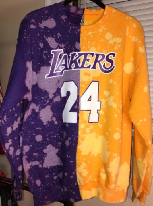 Handmade Los Angeles Lakers 24 Bleached Half and Half Purple Yellow Crew Sweatshirt