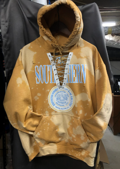 Handmade Southern University Old Gold Hand Bleached Lace Up Hoodie