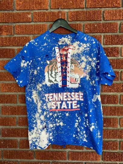 Handmade Tennessee State University Royal Blue Hand Bleached Distressed Red Satin U-Neck Lace-Up T-Shirt