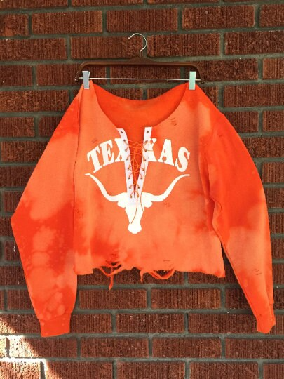 Handmade Texas Longhorns Orange White Lace Up Hand Bleached Light Distress Crop Sweatshirt