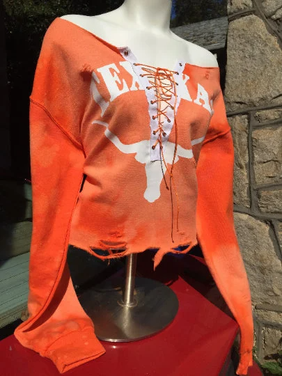 Handmade Texas Longhorns Orange White Lace Up Hand Bleached Light Distress Crop Sweatshirt