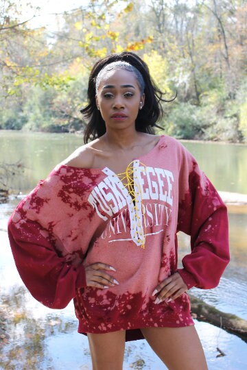 Handmade Tuskegee University Garnet Red Hand Bleached Lace Up Sweatshirt
