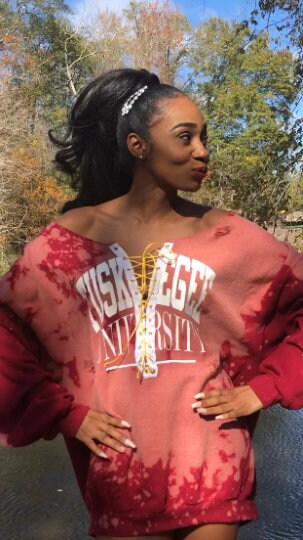 Handmade Tuskegee University Garnet Red Hand Bleached Lace Up Sweatshirt