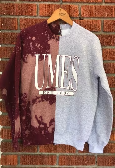 Handmade UMES Maroon and Grey Hand Bleached Half and Half Crewneck Unisex Sweatshirt