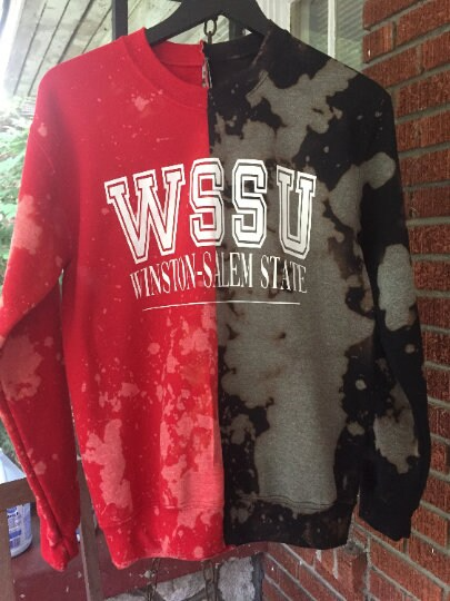 Handmade Winston Salem State Red Black Half and Half Hand Bleached Crew Neck Unisex Sweatshirt