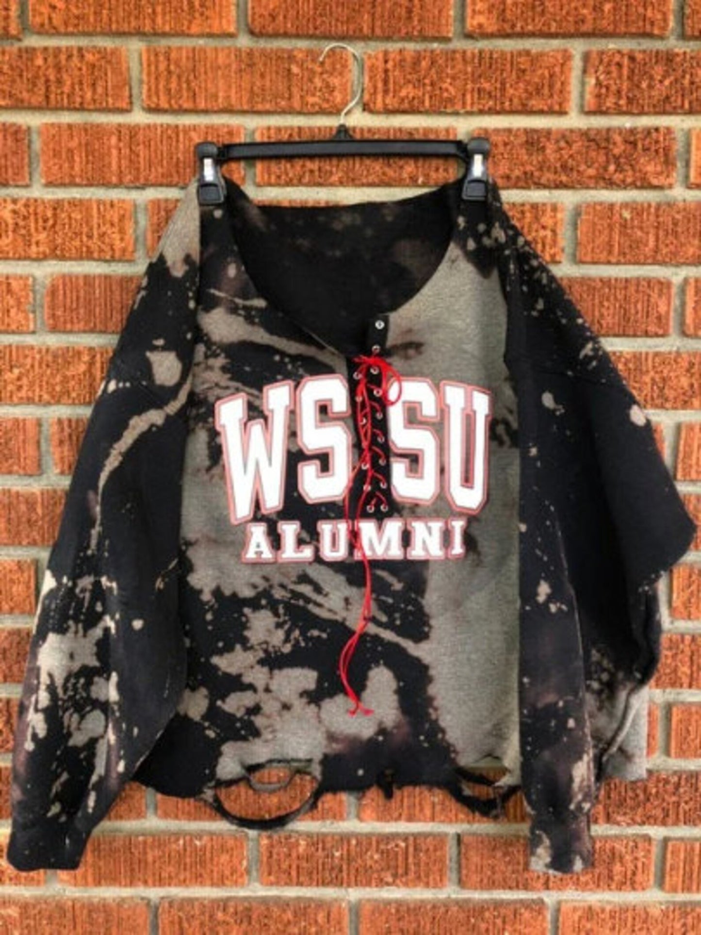 Handmade WSSU Alumni Black Red Hand Bleached Distressed Lace Up Sweatshirt