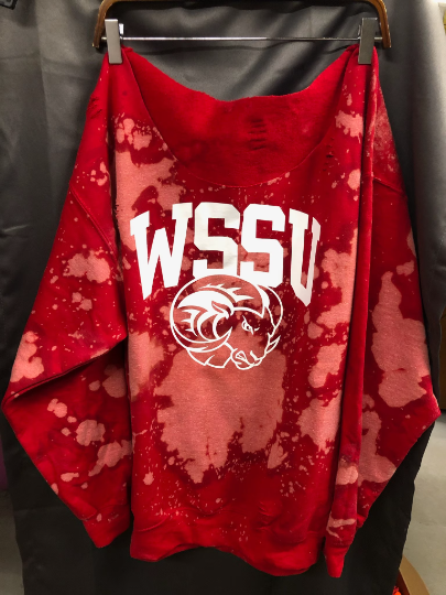 Handmade WSSU Ram Head Red Off-Shoulder Fleece Sweatshirt