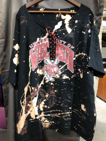 Handmade University of Wisconsin Bucky Badgers Black Cardinal Red Hand Bleached Distressed Off Shoulder Lace Up T-Shirt
